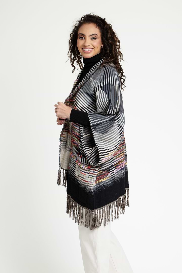 Cotton Fringe Embellished Kimono Jacket - Black