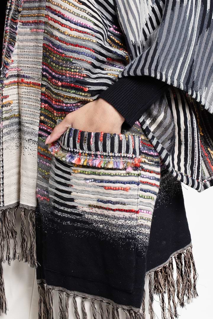 Cotton Fringe Embellished Kimono Jacket - Black