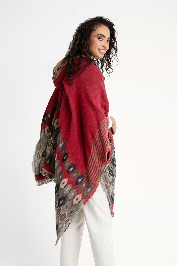 Aztec Frayed Hooded Poncho - Firebrick
