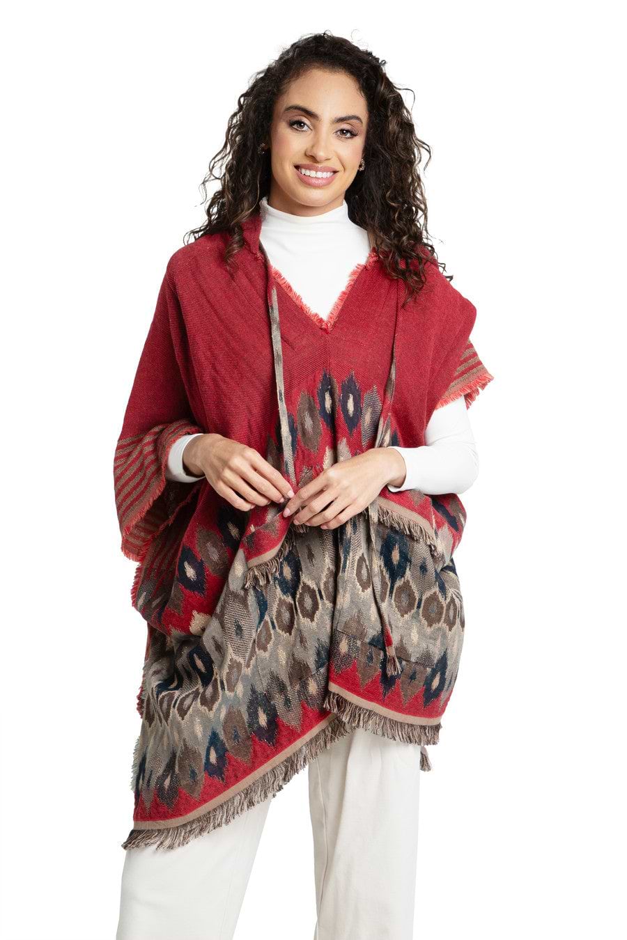 Aztec Frayed Hooded Poncho - Firebrick