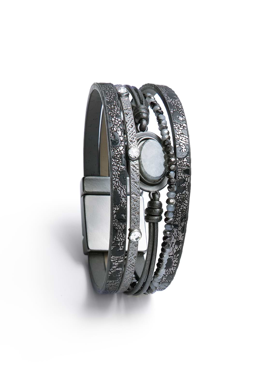 Natural Stone Beaded Leather Bracelet - Gray