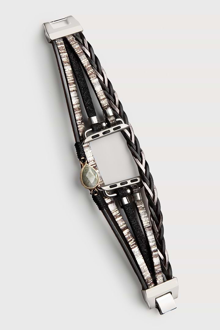 Boho Crystal Leather Apple Band - Black & Grey