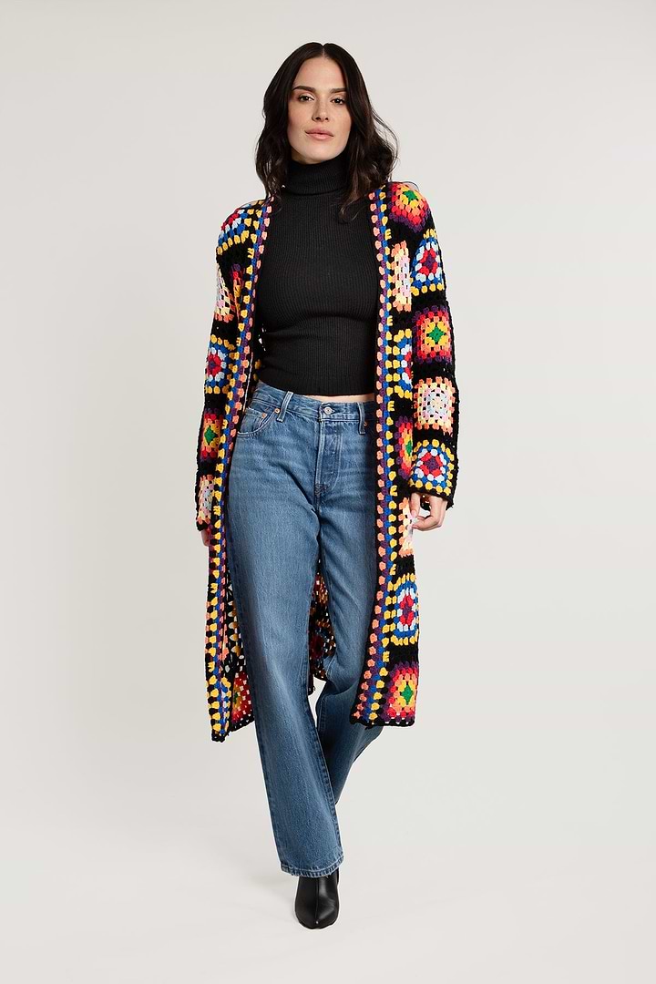Granny Square Crochet Kimono - Black
