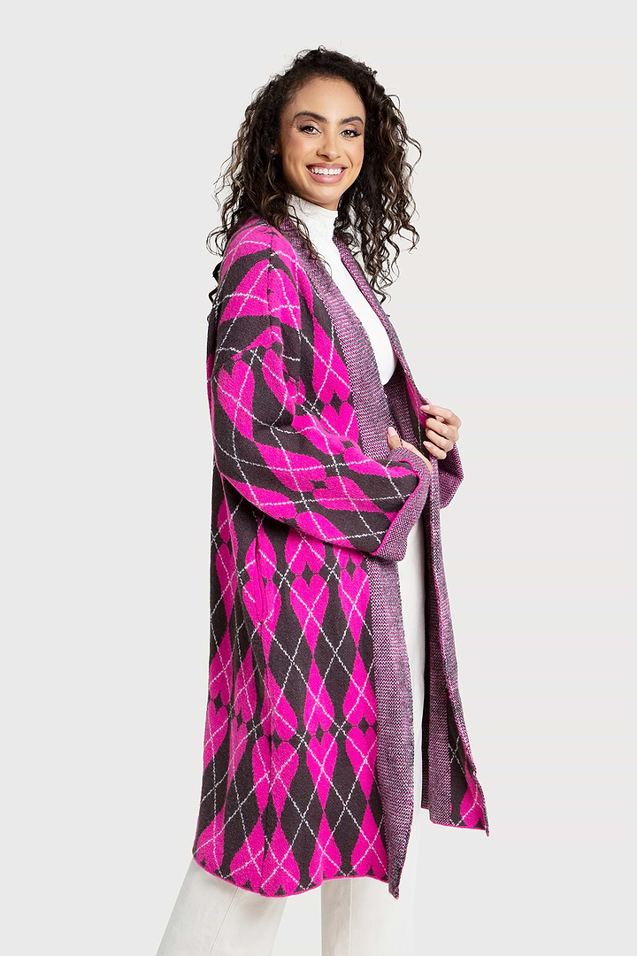 Heart Patterned Cardigan Argyle Knit - Magenta