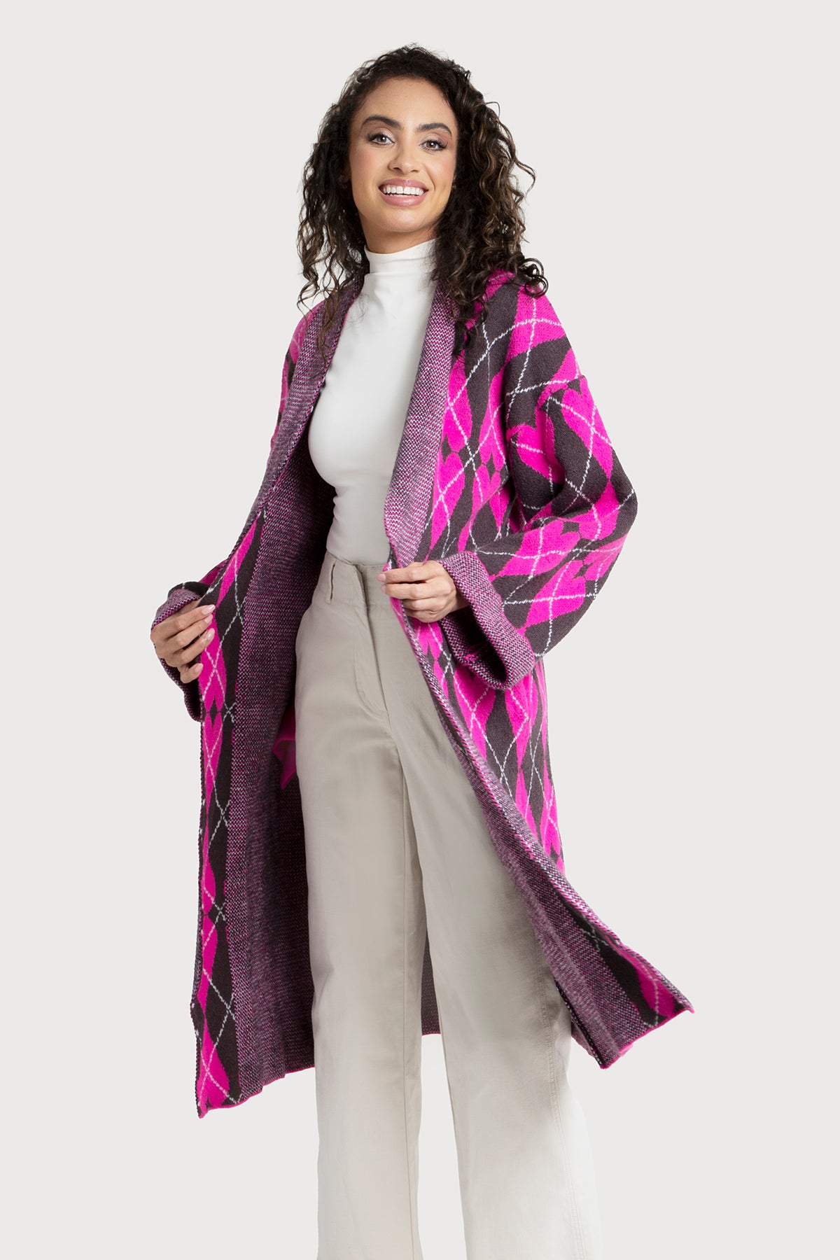 Heart Patterned Cardigan Argyle Knit - Magenta