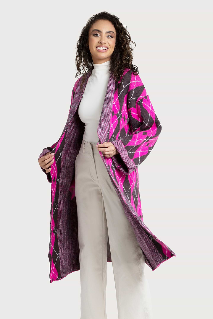 Heart Patterned Cardigan Argyle Knit - Magenta