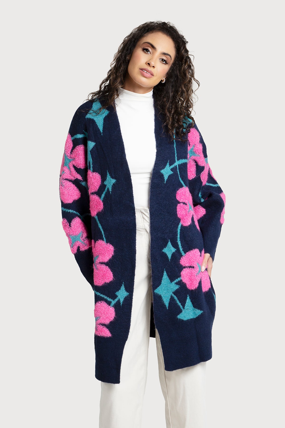 Floral Knit Cardigan Diamond Patterned - Navy