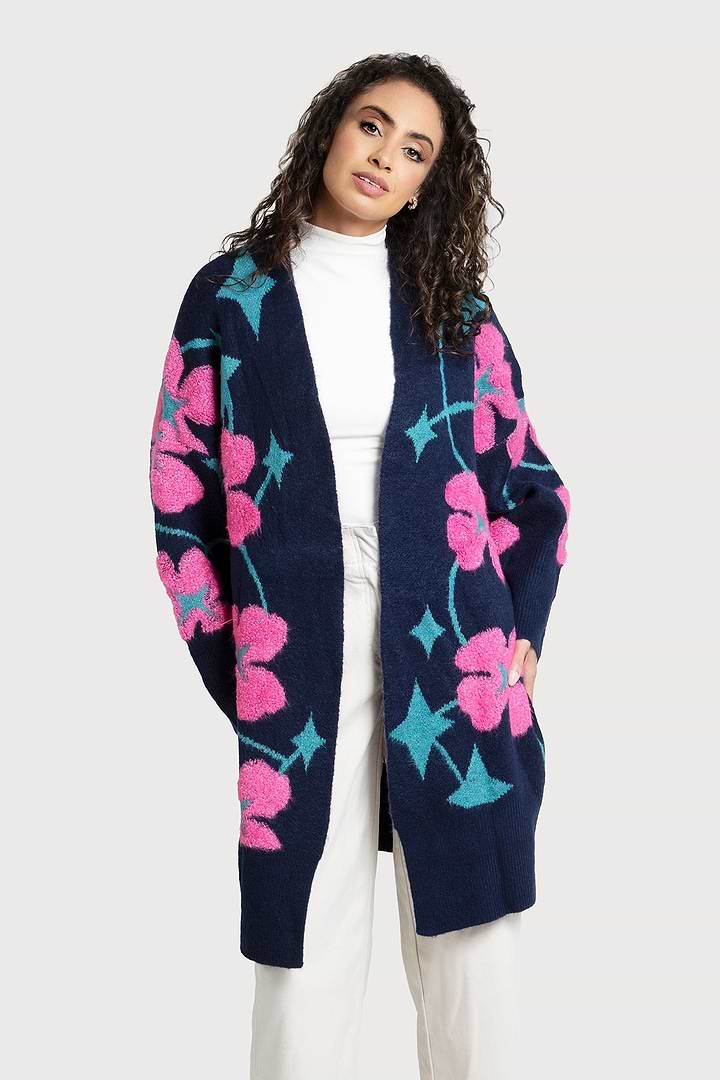 Floral Knit Cardigan Diamond Patterned - Navy