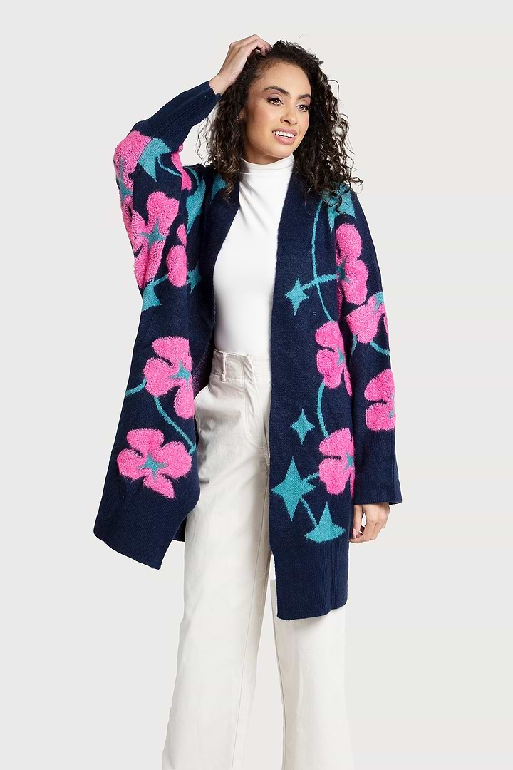 Floral Knit Cardigan Diamond Patterned - Navy