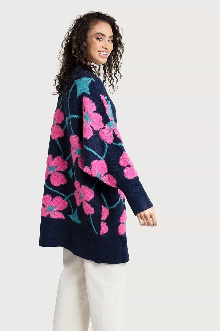 Floral Knit Cardigan Diamond Patterned - Navy
