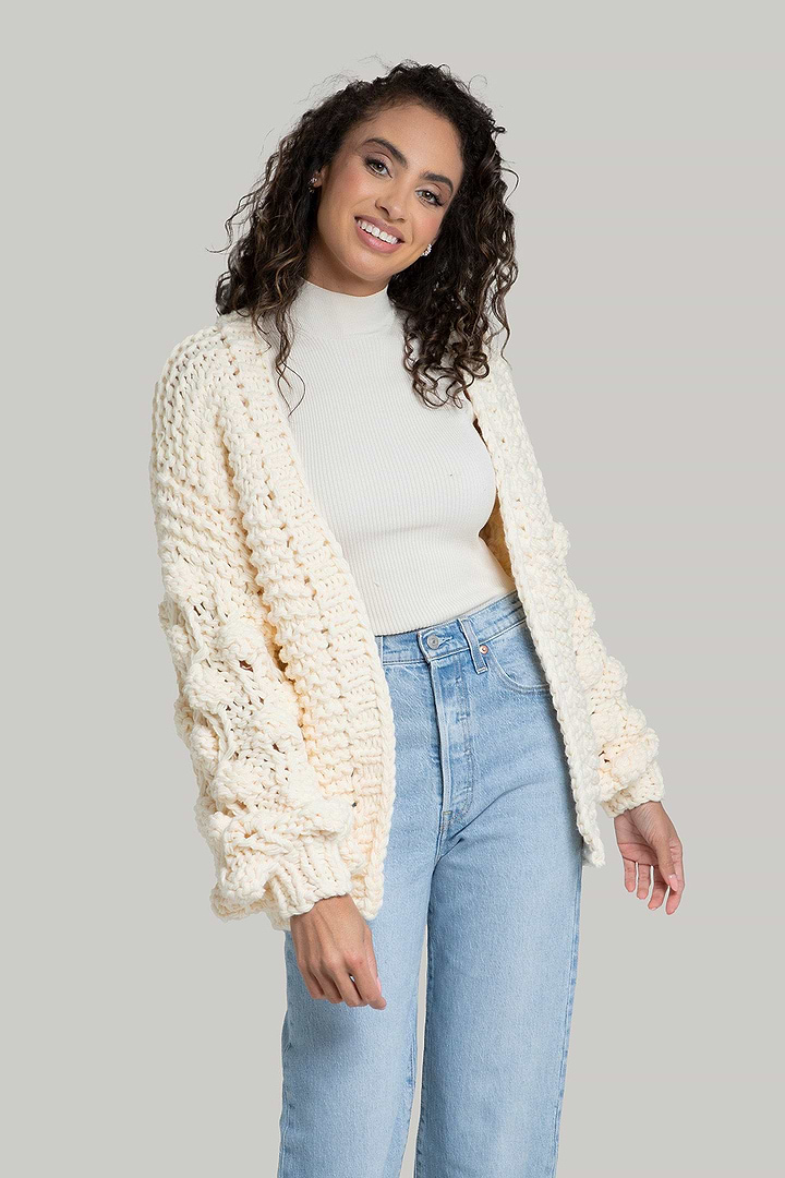 Knit Cardigan With Bauble Sleeves - Ivory