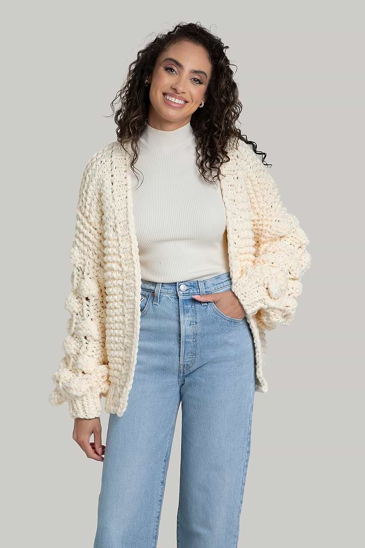 Knit Cardigan With Bauble Sleeves - Ivory