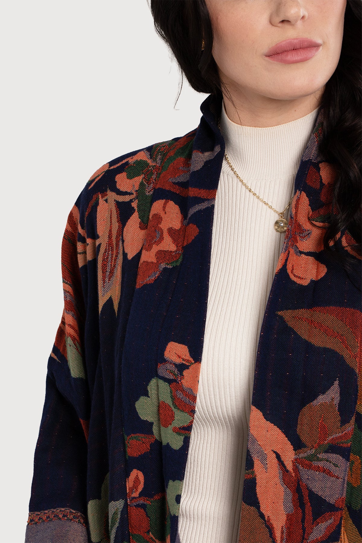 Floral Kimono Cotton Jacket - Midnight Blue.