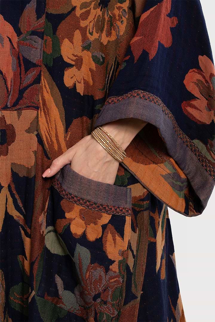 Floral Kimono Cotton Jacket - Midnight Blue