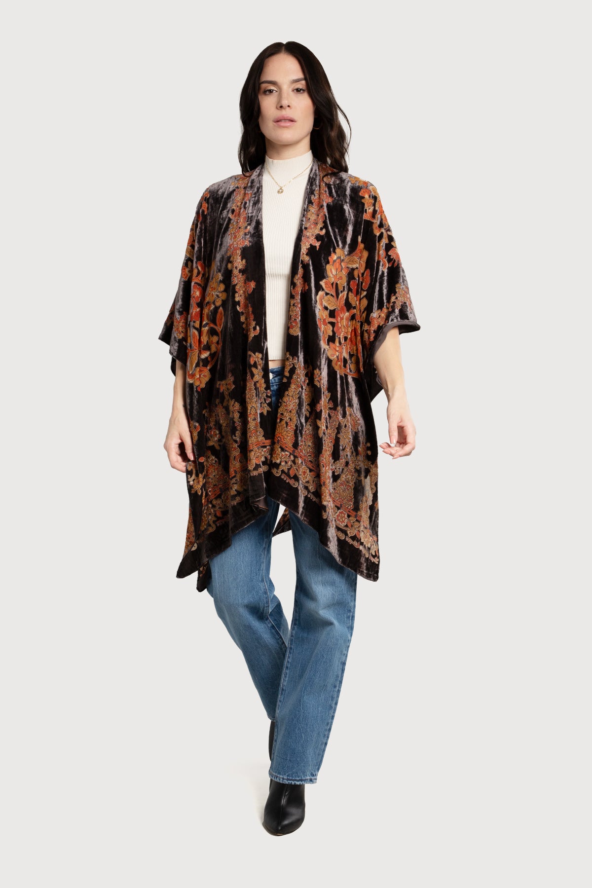 Floral Black Velvet Ruana - Grey