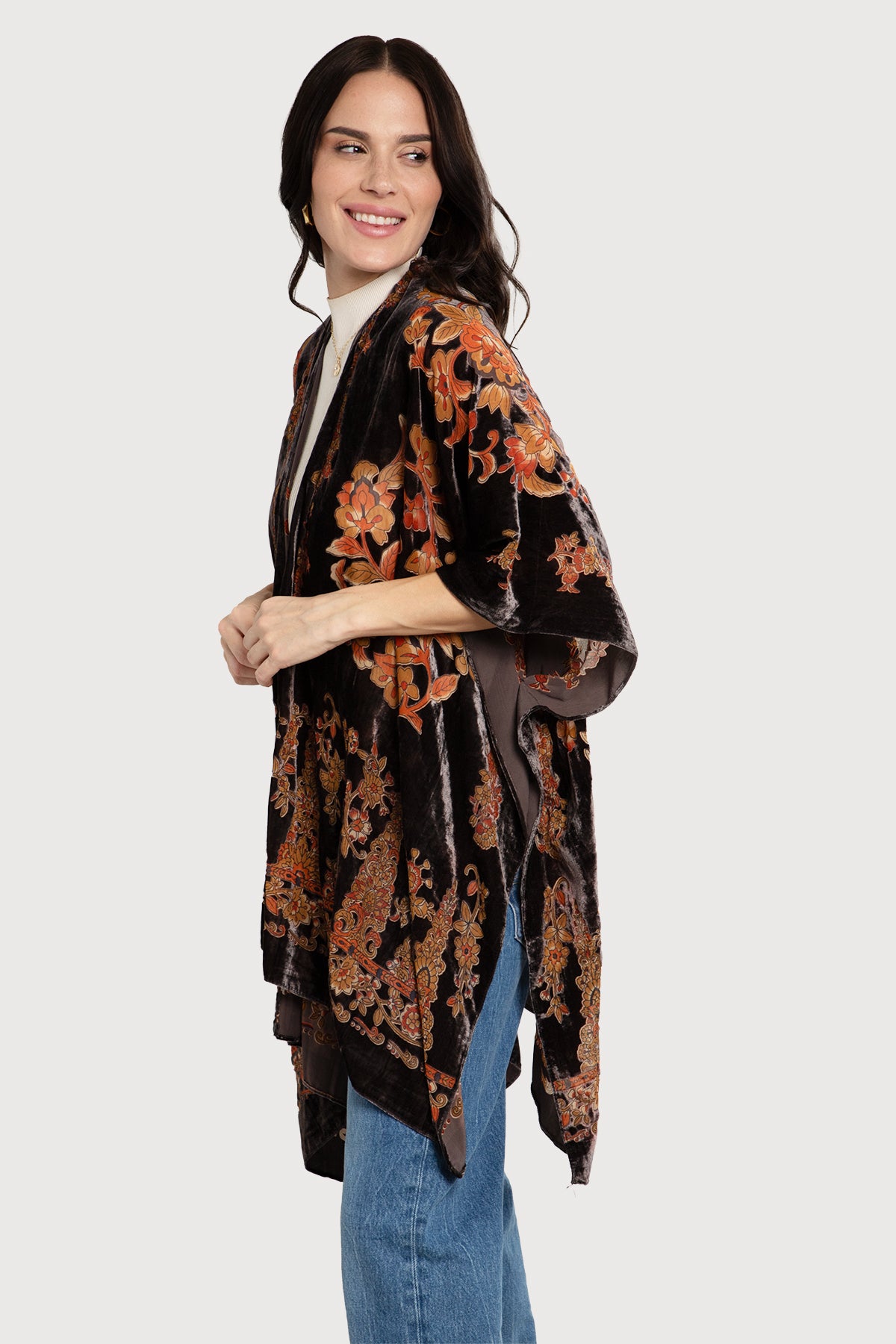 Floral Black Velvet Ruana - Grey