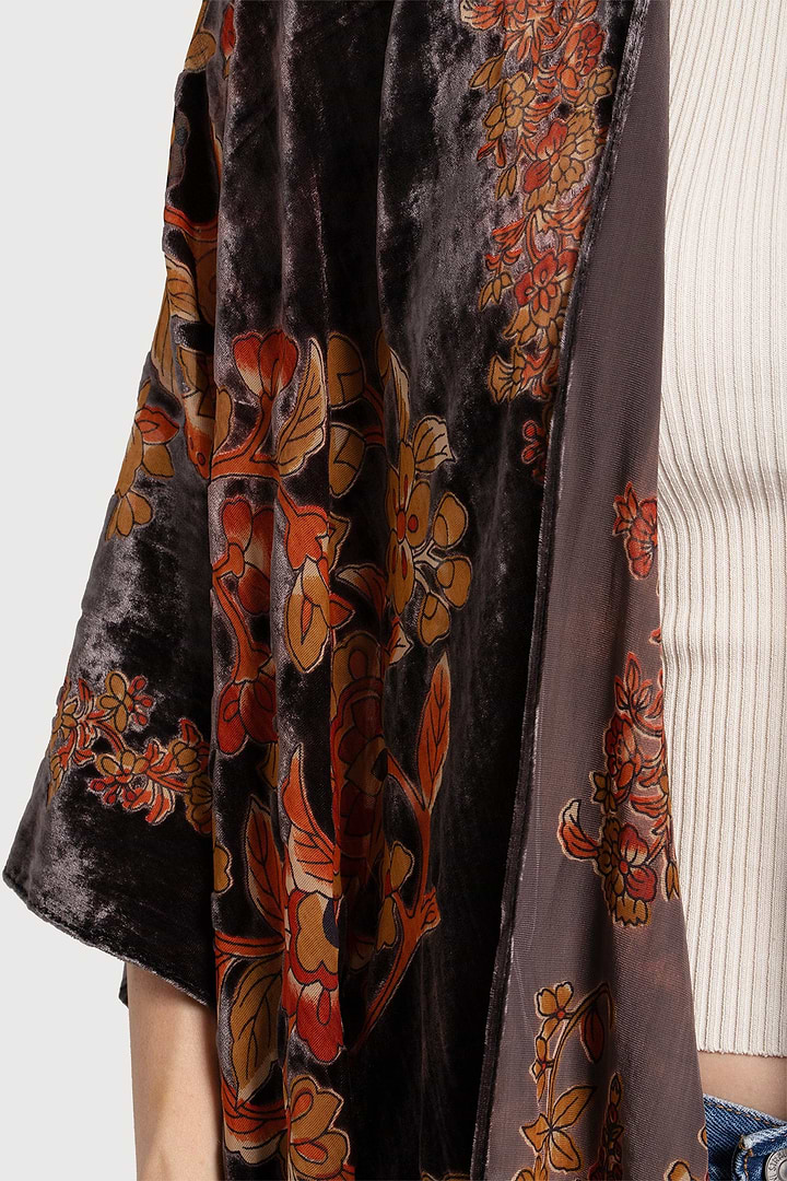 Floral Black Velvet Ruana - Grey