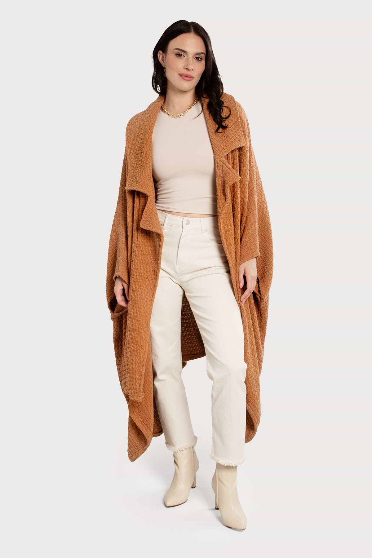 Comfy Oversized Waffle Knit Collared Jacket - Camel