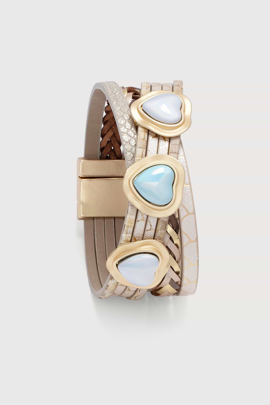 Braided Leather Heart Charm Bracelet - Beige