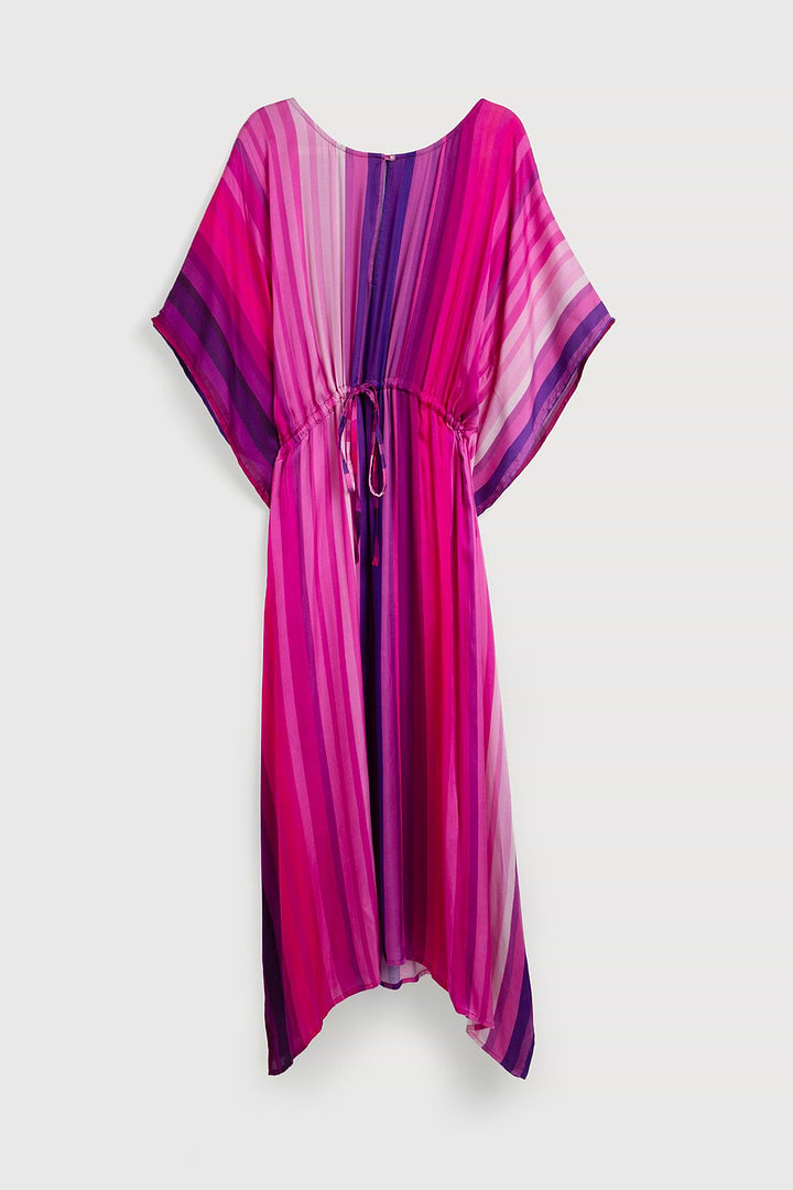 Multicolor Striped Tie Waist Keyhole Kaftan - Deep Pink