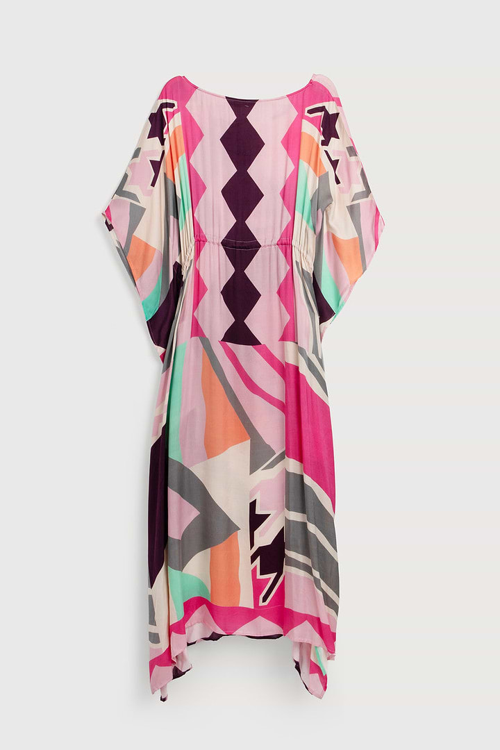 Multicolored Geo Tie Waist Keyhole Kaftan - Pink