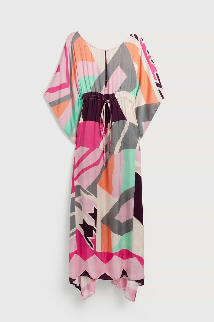 Multicolored Geo Tie Waist Keyhole Kaftan - Pink
