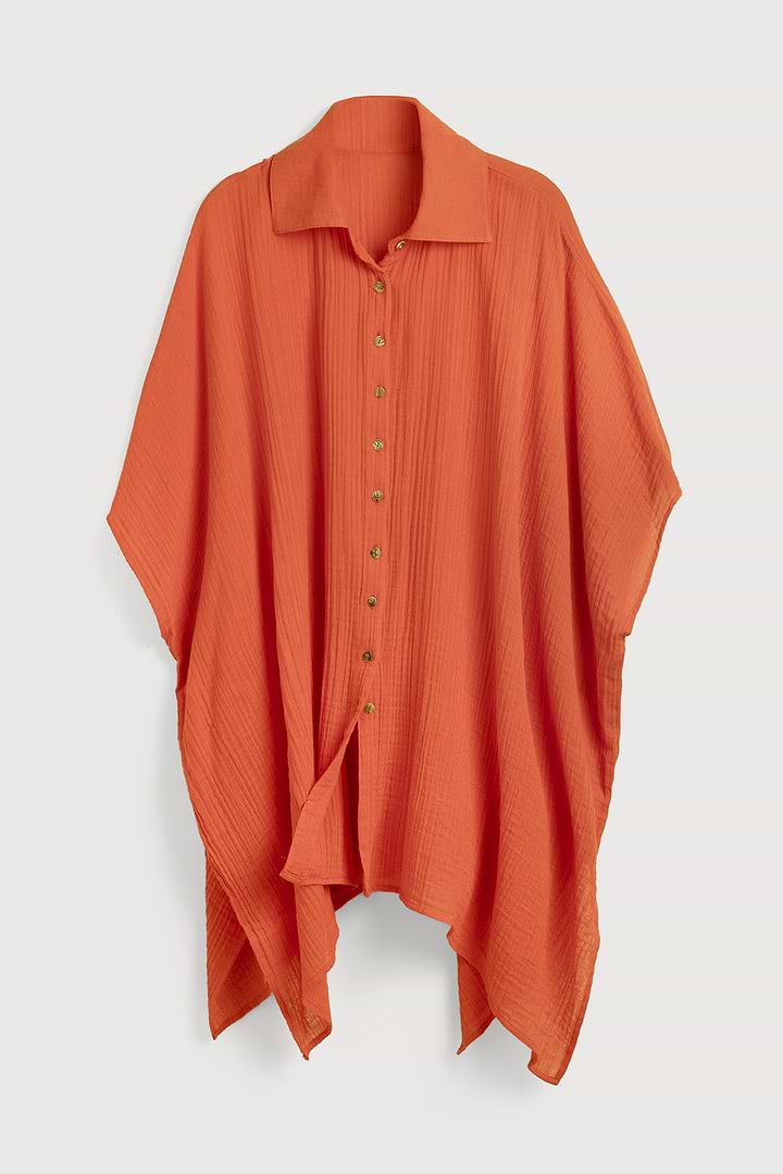Oversized Textured Cotton Shirt - Orange