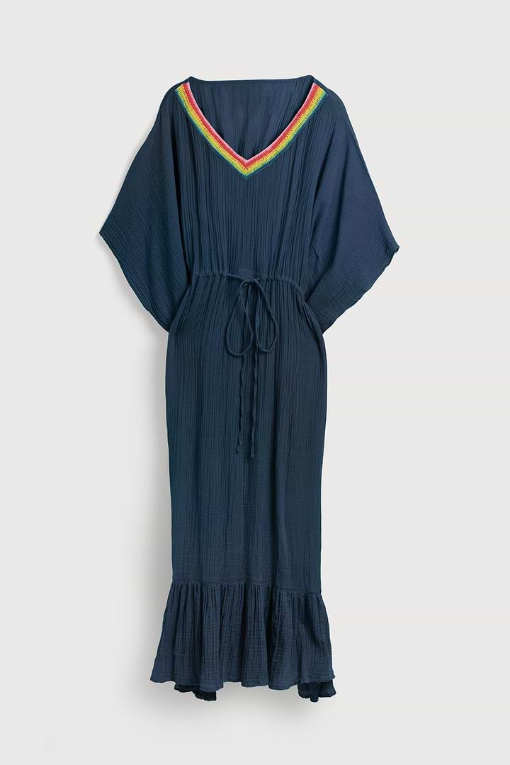 Crochet Rainbow Kaftan Maxi - Navy