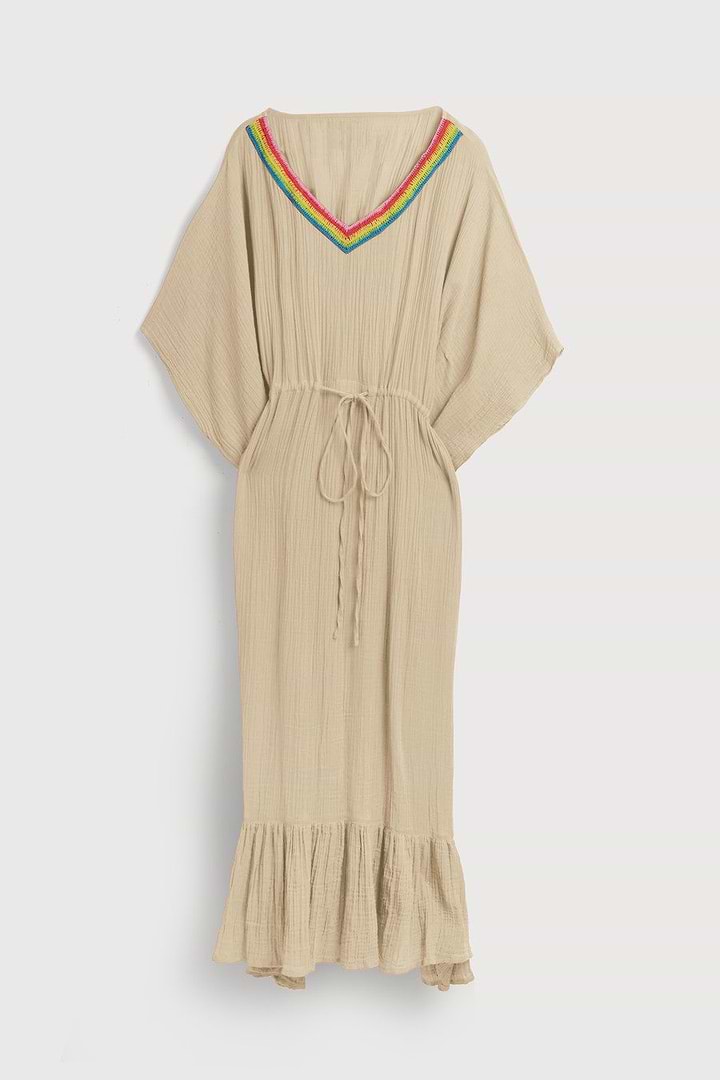 Crochet Rainbow Kaftan Maxi - Beige