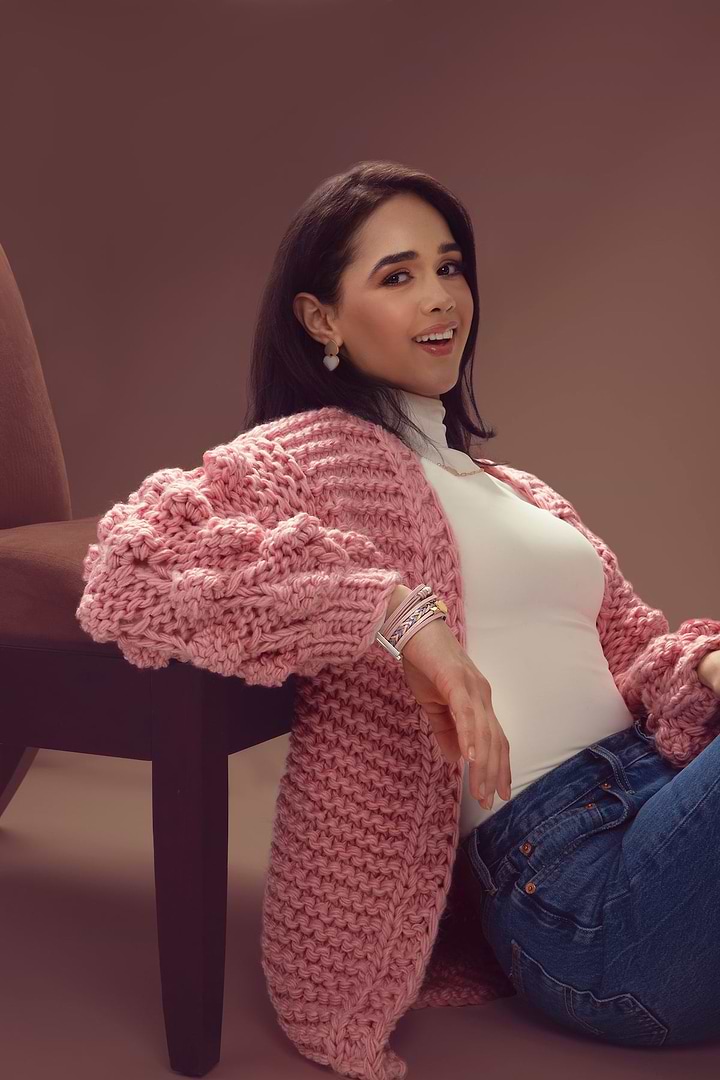 Knit Cardigan With Bauble Sleeves - Light Pink