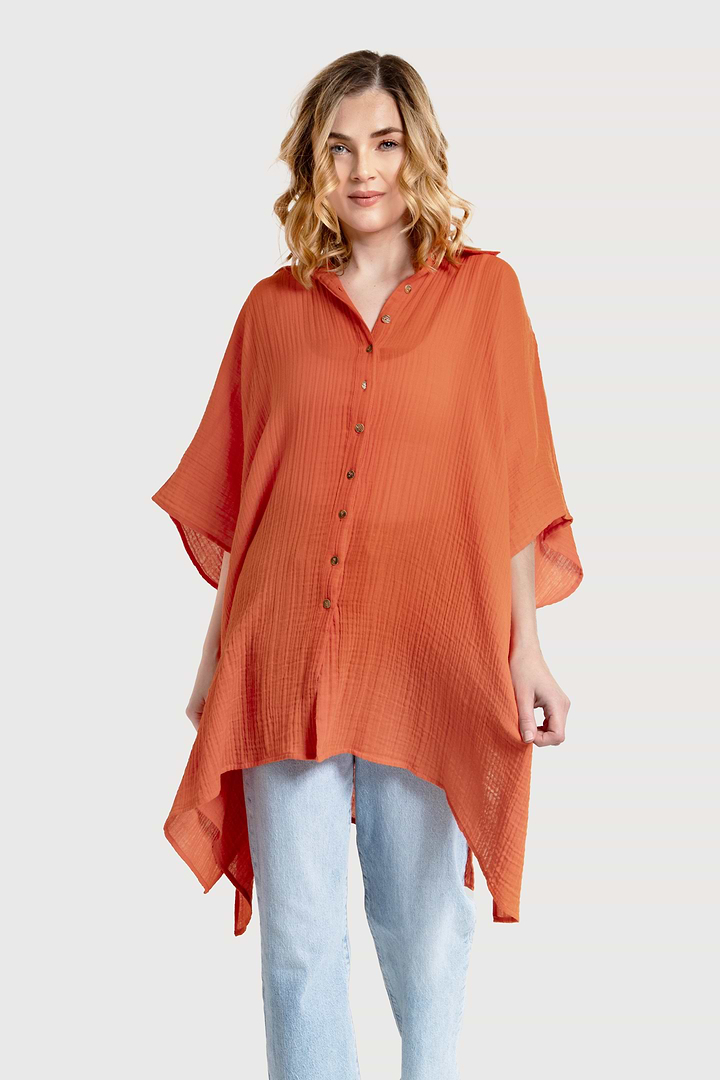 Oversized Textured Cotton Shirt - Orange