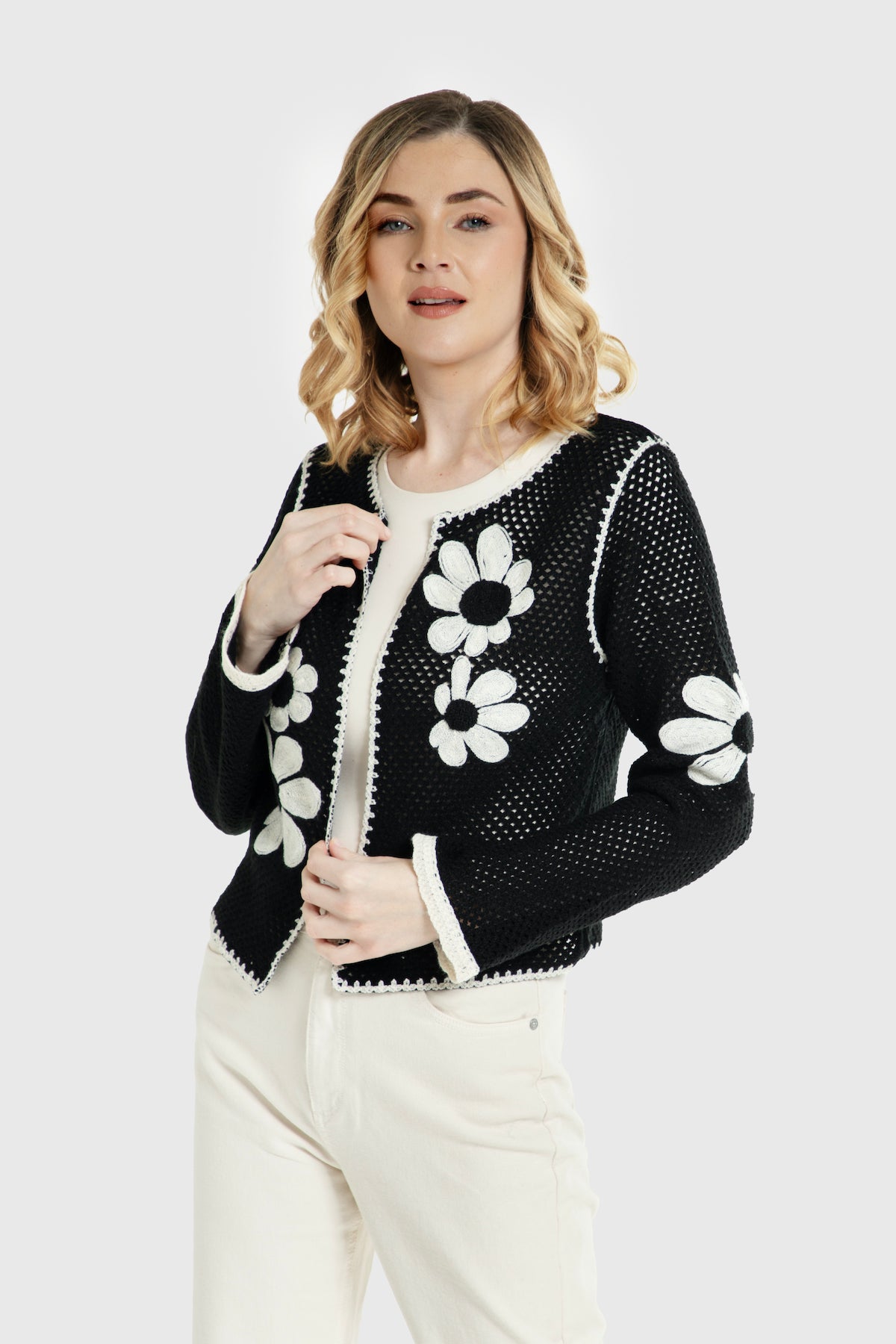 Lightweight Floral Crochet Cardigan - Black