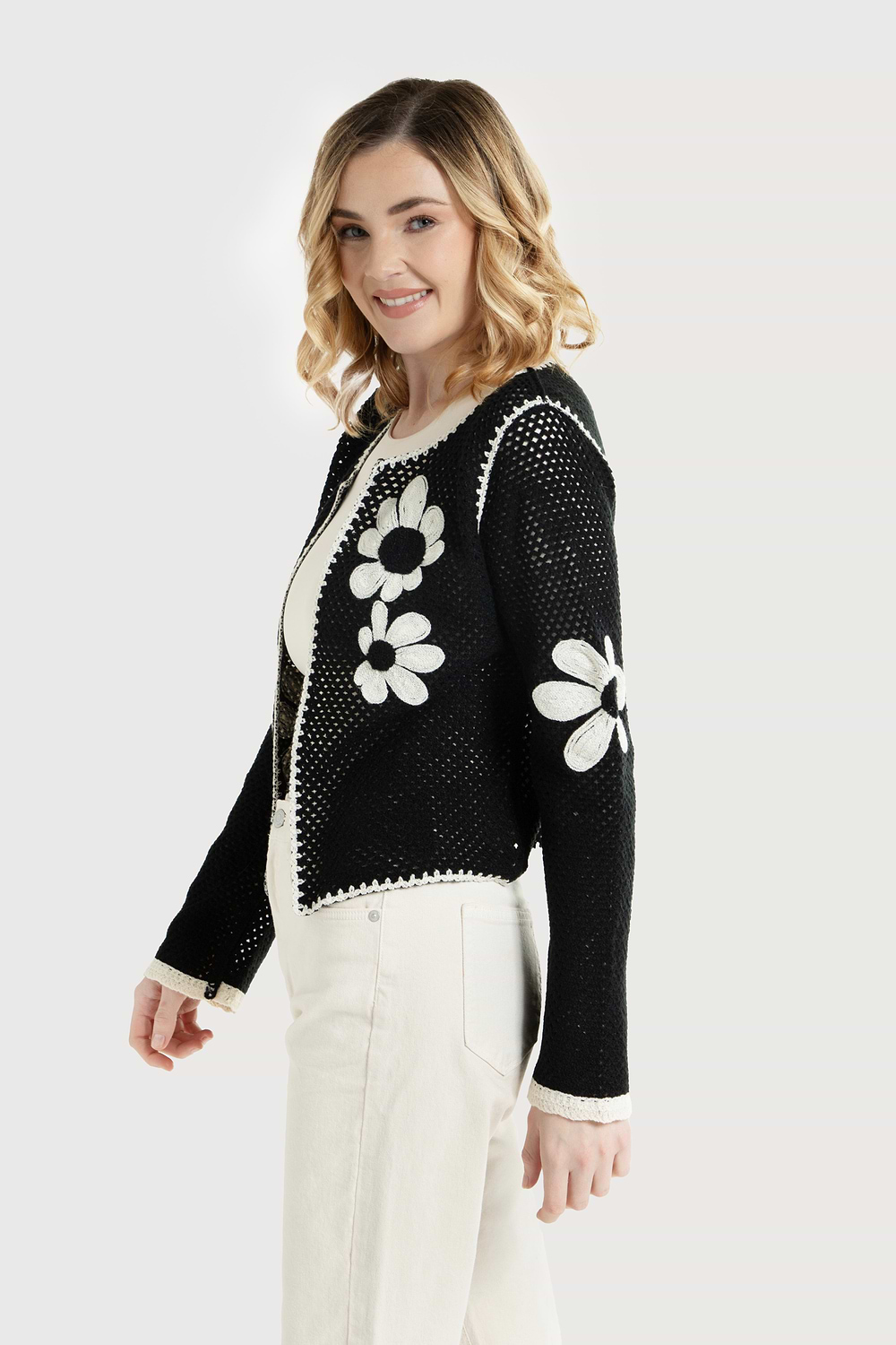 Lightweight Floral Crochet Cardigan - Black