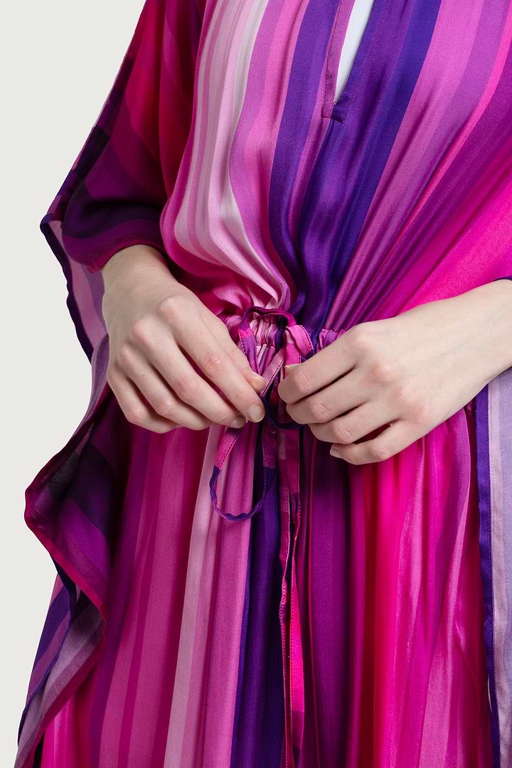 Multicolor Striped Tie Waist Keyhole Kaftan - Deep Pink