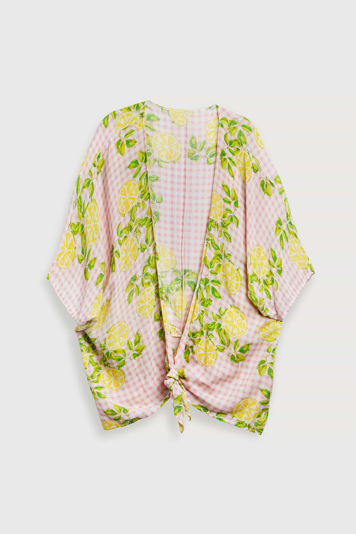 Short Tie Front Kimono Citrus Gingham - Pink