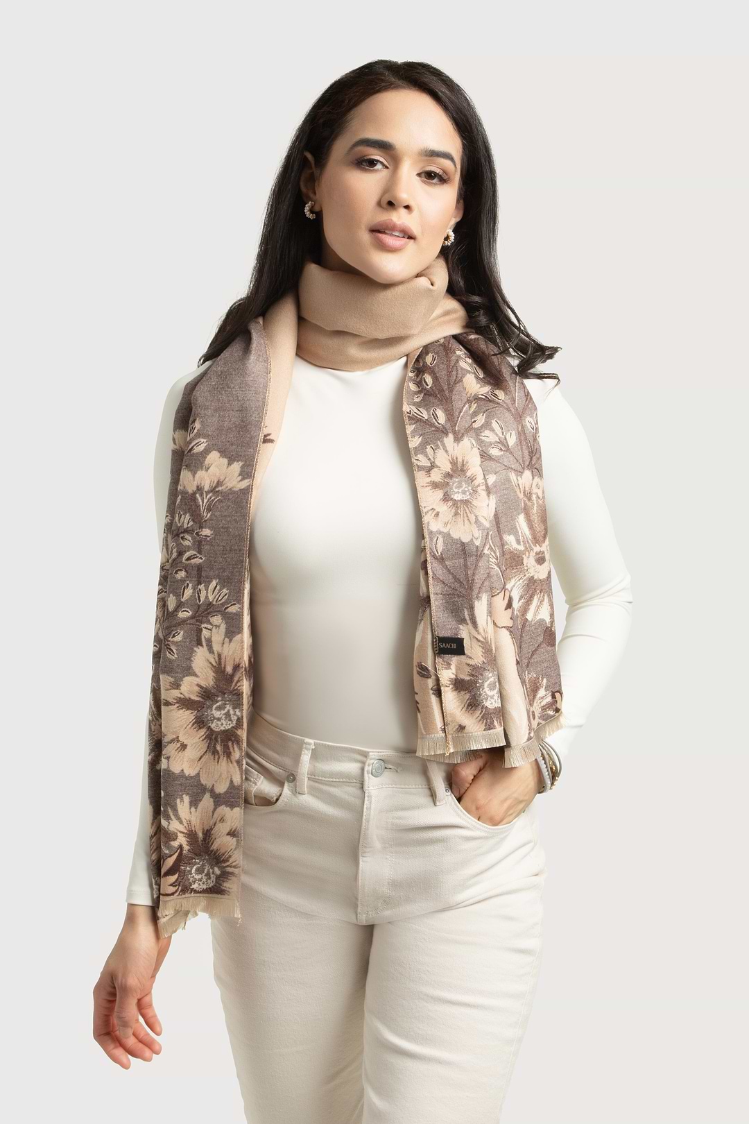 Reversible Floral Oversized Scarf - Antique White