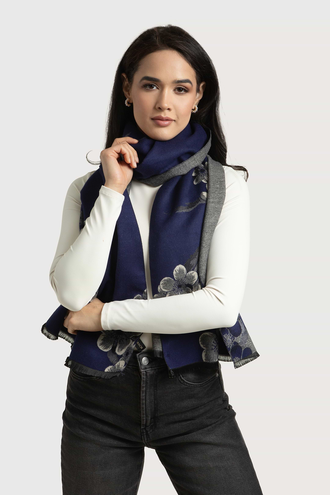Two Color Floral Reversible Scarf - Navy