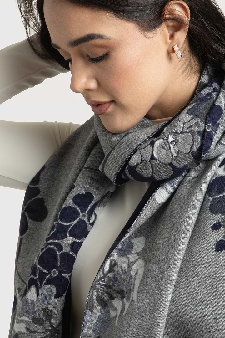 Two Color Floral Reversible Scarf - Navy