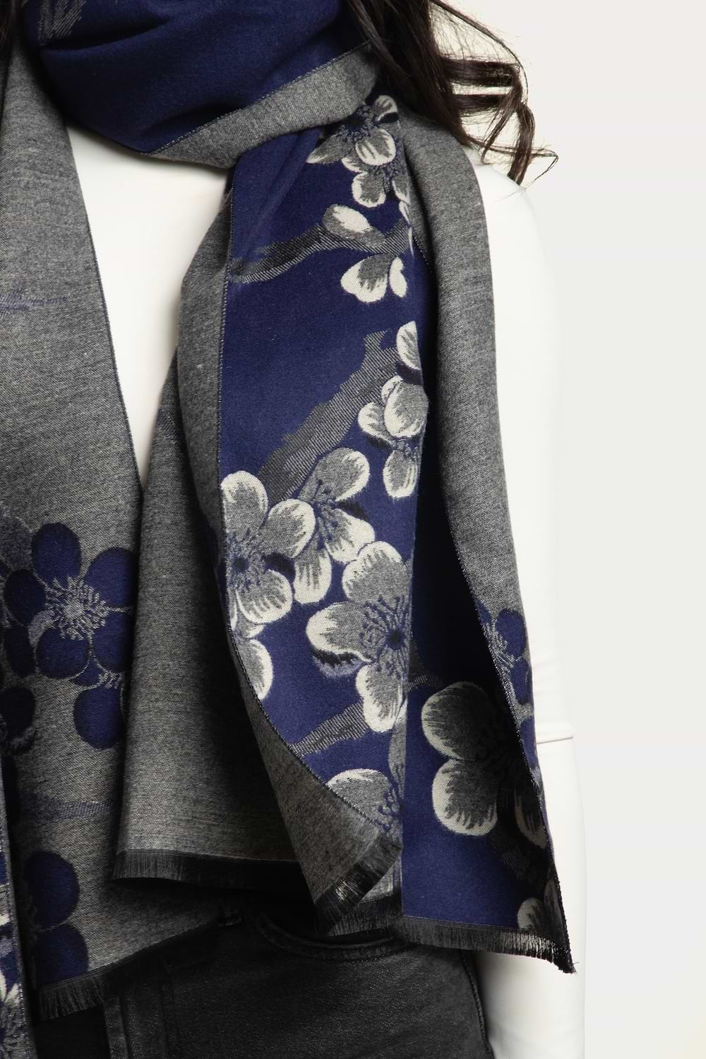 Two Color Floral Reversible Scarf - Navy