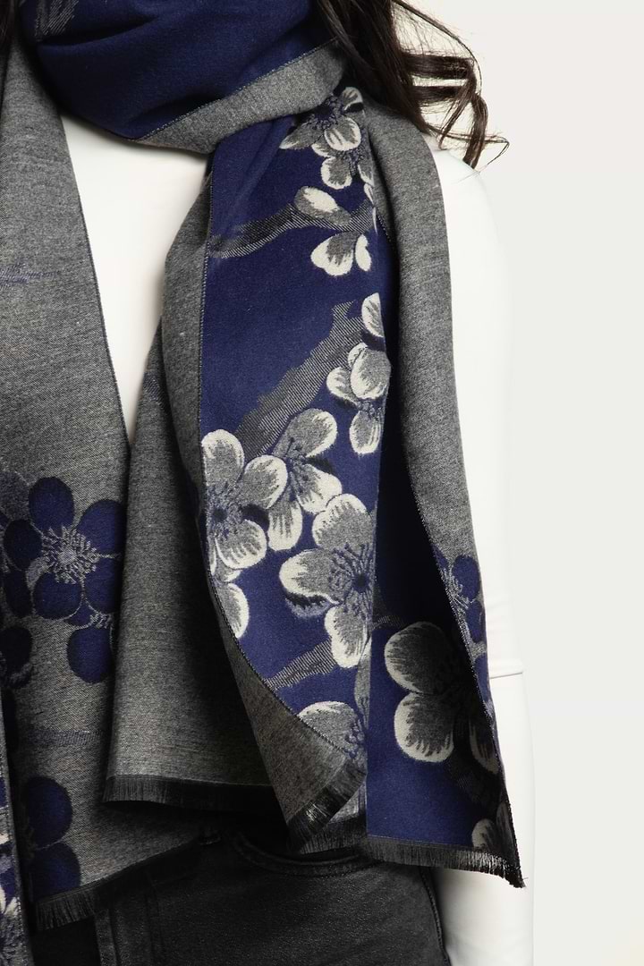 Two Color Floral Reversible Scarf - Navy