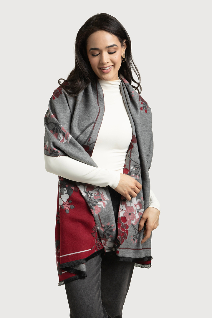 Reversible Floral Scarf For Winter - Grey
