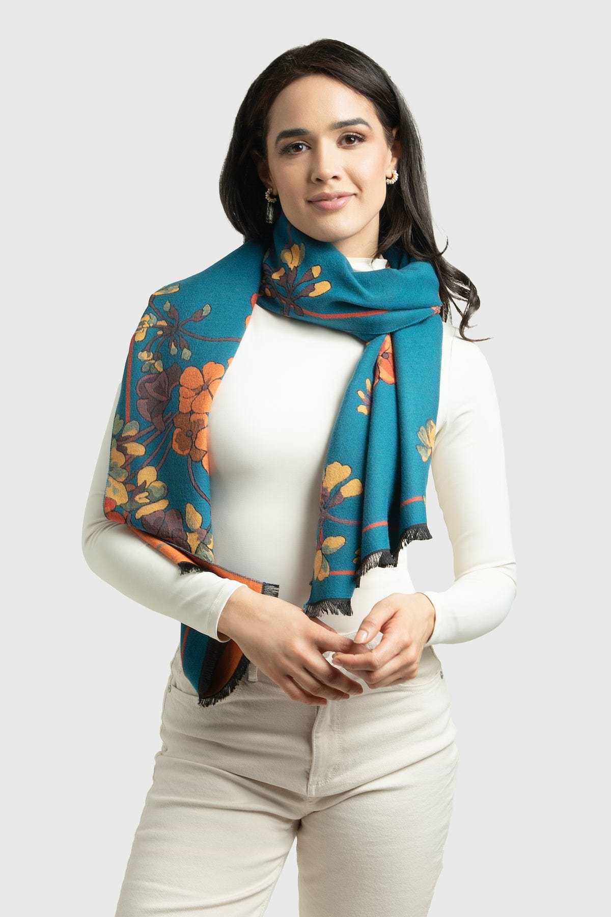 Two Tone Floral Reversible Scarf - Turquoise