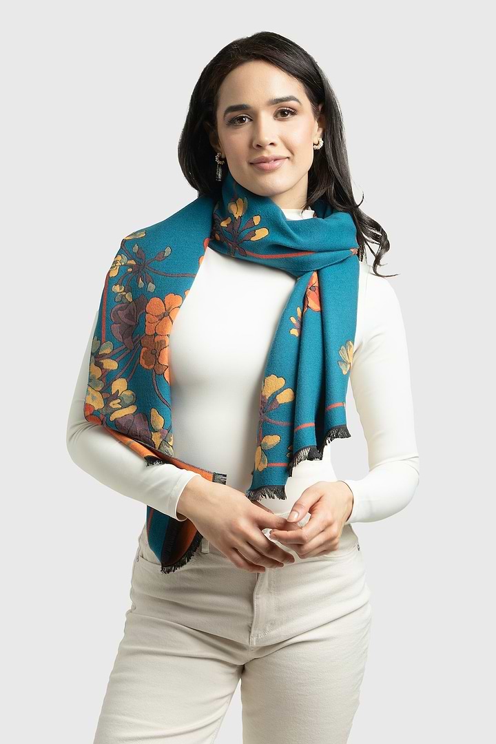 Two Tone Floral Reversible Scarf - Turquoise