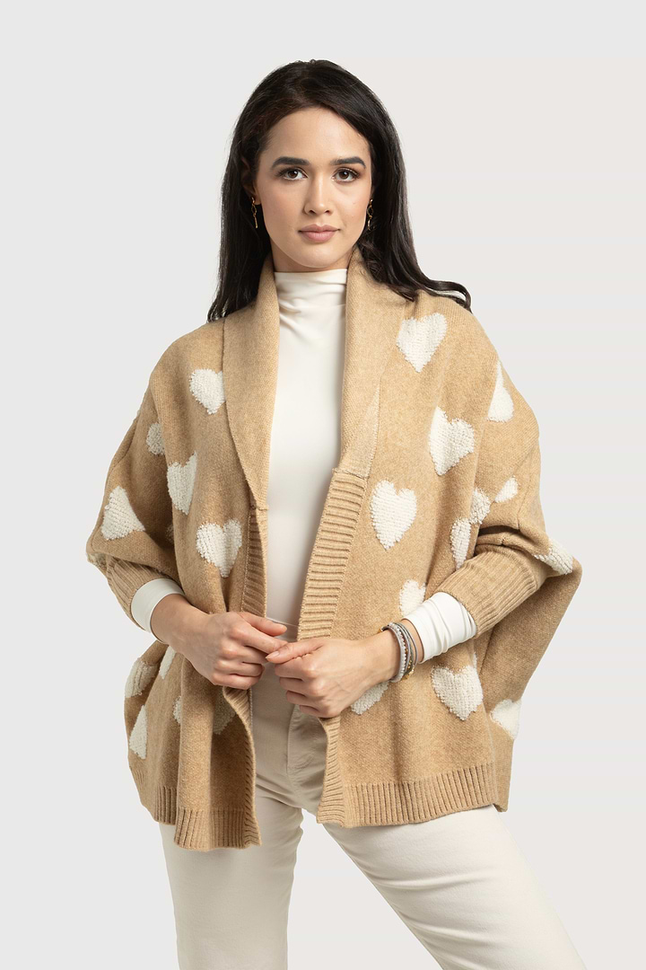 Heart Cardigan Ribbed Knit - Beige