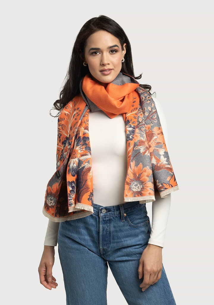 Reversible Floral Oversized Scarf - Gray