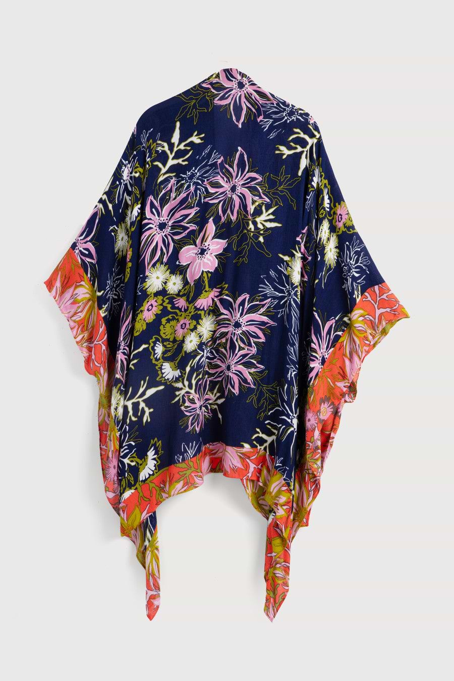 Vibrant Pattern Floral Kimono - Navy