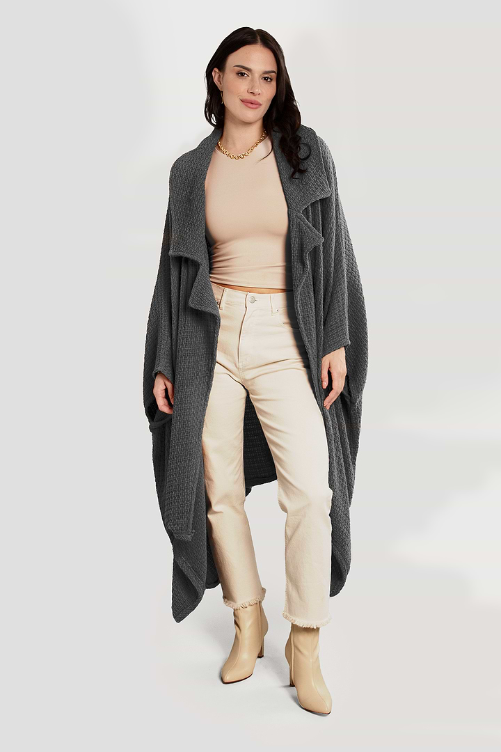 Comfy Oversized Waffle Knit Collared Jacket - Dark Gray