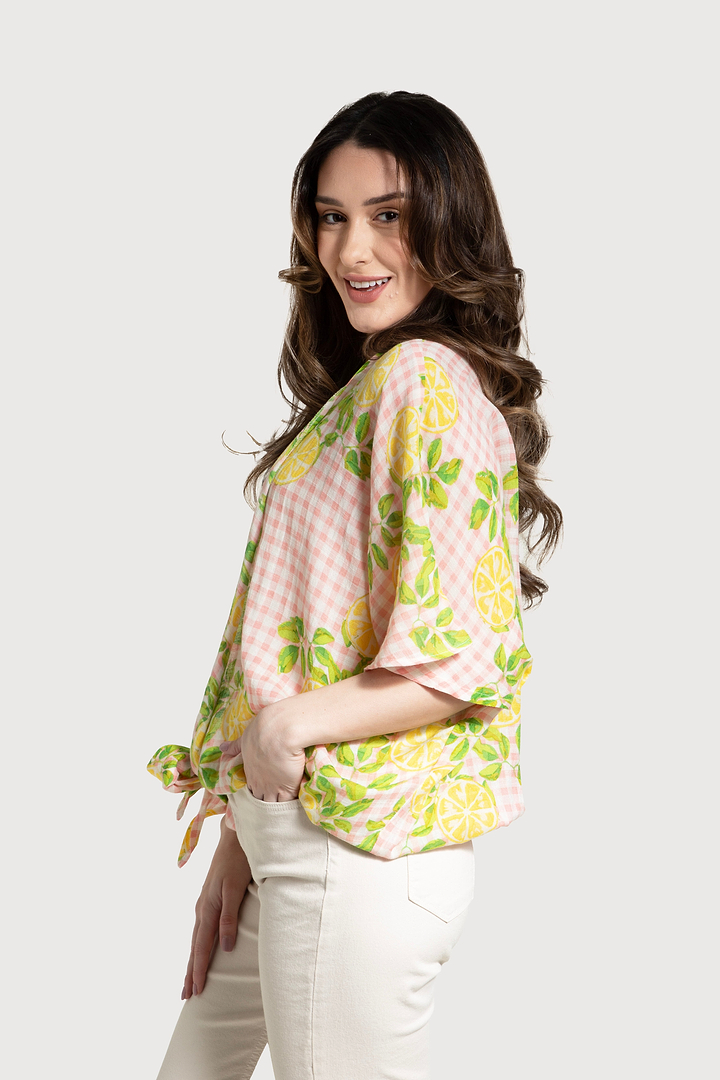 Short Tie Front Kimono Citrus Gingham - Pink