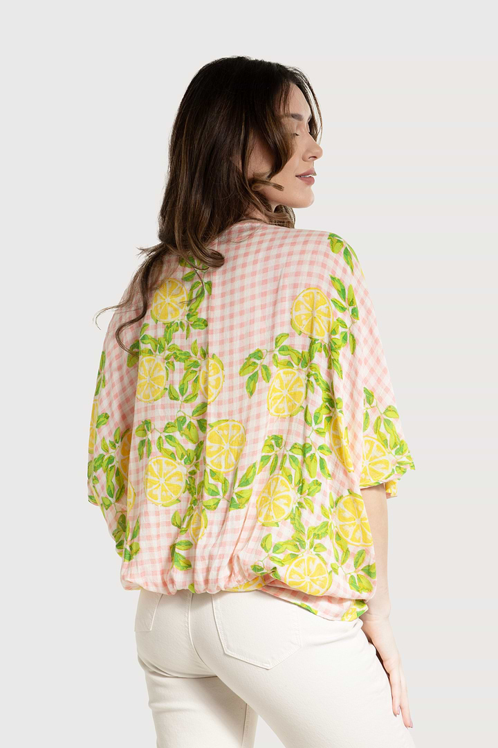 Short Tie Front Kimono Citrus Gingham - Pink