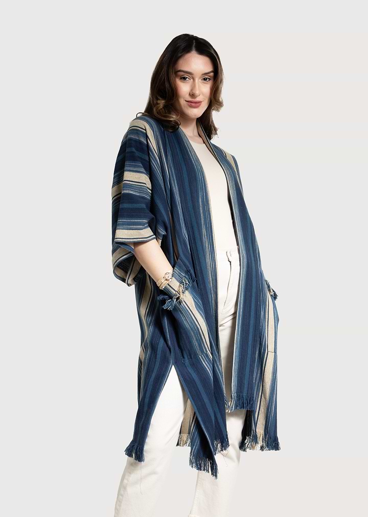 Striped Cotton Fringe Kimono - Steel Blue